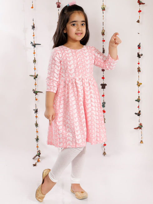 Girl's' Pink Pure Cotton Chikankari Kurta With Leggings